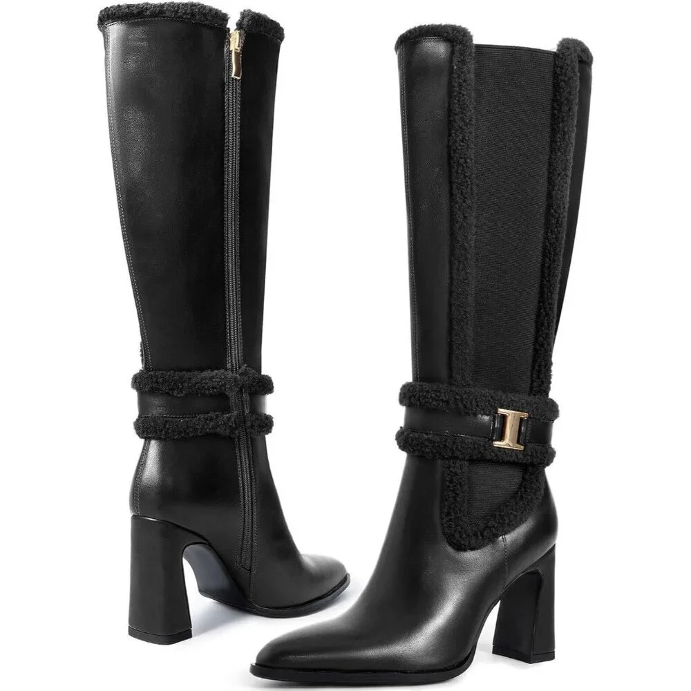 Women's Black Chunky Block High Heels Pointed Toe Winter Snow Knee High Boots